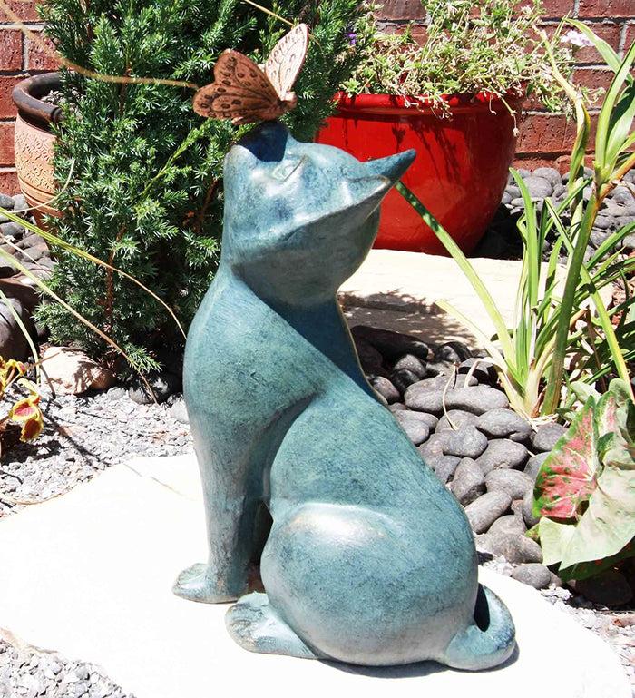 Ebros Gift Ebros 14.75 Tall Shorthair Cat With Flitting Butterfly On His Nose Garden Statue