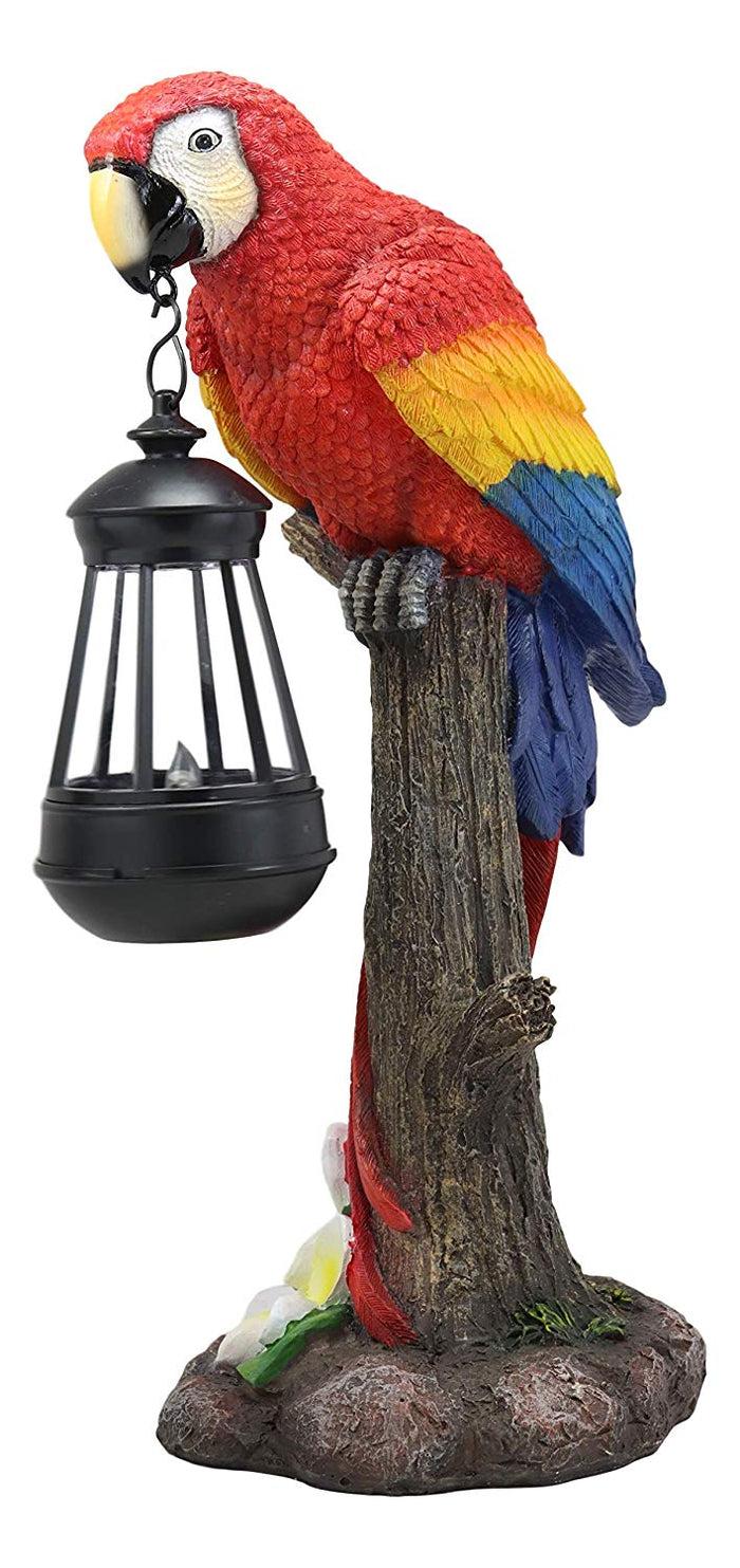 Ebros Gift Ebros 14" Tall Red Scarlet Macaw Parrot Perching On Tree Stump Statue With Solar LED Lantern Light Path Lighter Home Garden Patio Parrots