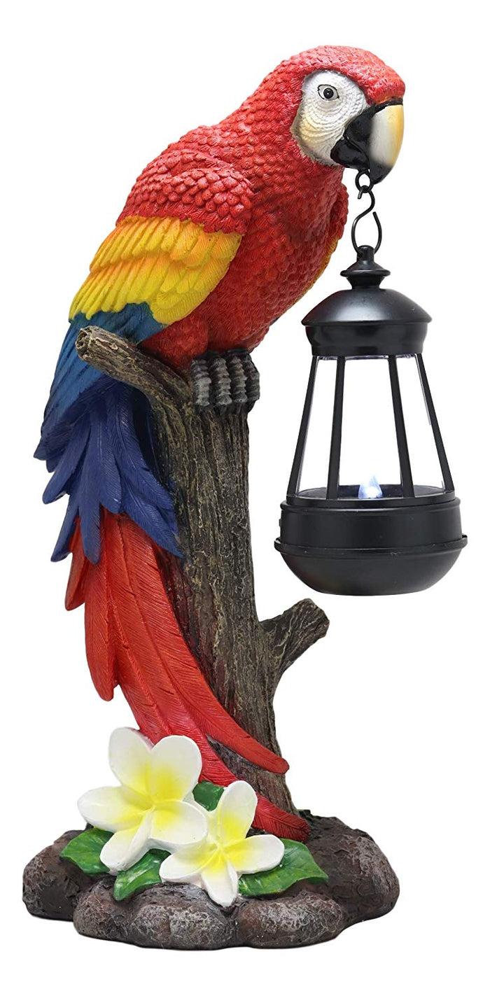 Ebros Gift Ebros 14" Tall Red Scarlet Macaw Parrot Perching On Tree Stump Statue With Solar LED Lantern Light Path Lighter Home Garden Patio Parrots