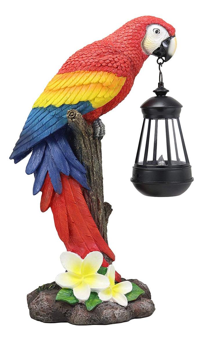 Ebros Gift Ebros 14" Tall Red Scarlet Macaw Parrot Perching On Tree Stump Statue With Solar LED Lantern Light Path Lighter Home Garden Patio Parrots