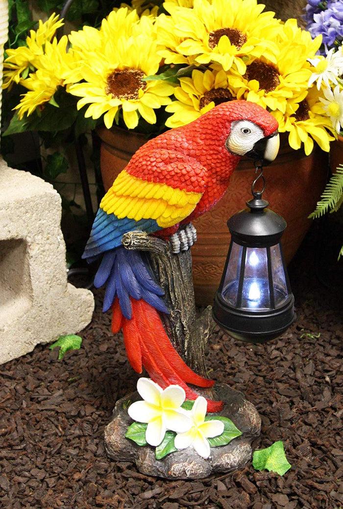 ebros gift Ebros 14" Tall Red Scarlet Macaw Parrot Perching On Tree Stump Statue with Solar LED Lantern Light Path Lighter Home Garden Patio Parrots