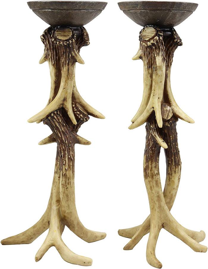 ebros gift Ebros 14" Tall Rustic Buck Elk Deer Entwined Antlers Candle Holder Stand Set of 2