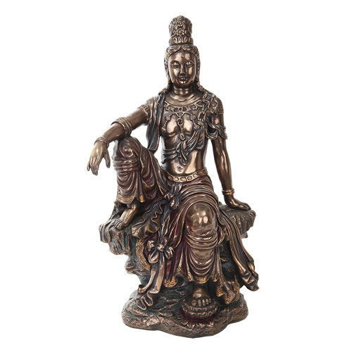 ebros gift Ebros 16 Inch Water and Moon Kuan Yin Buddhist Bronze Finish Statue Figurine