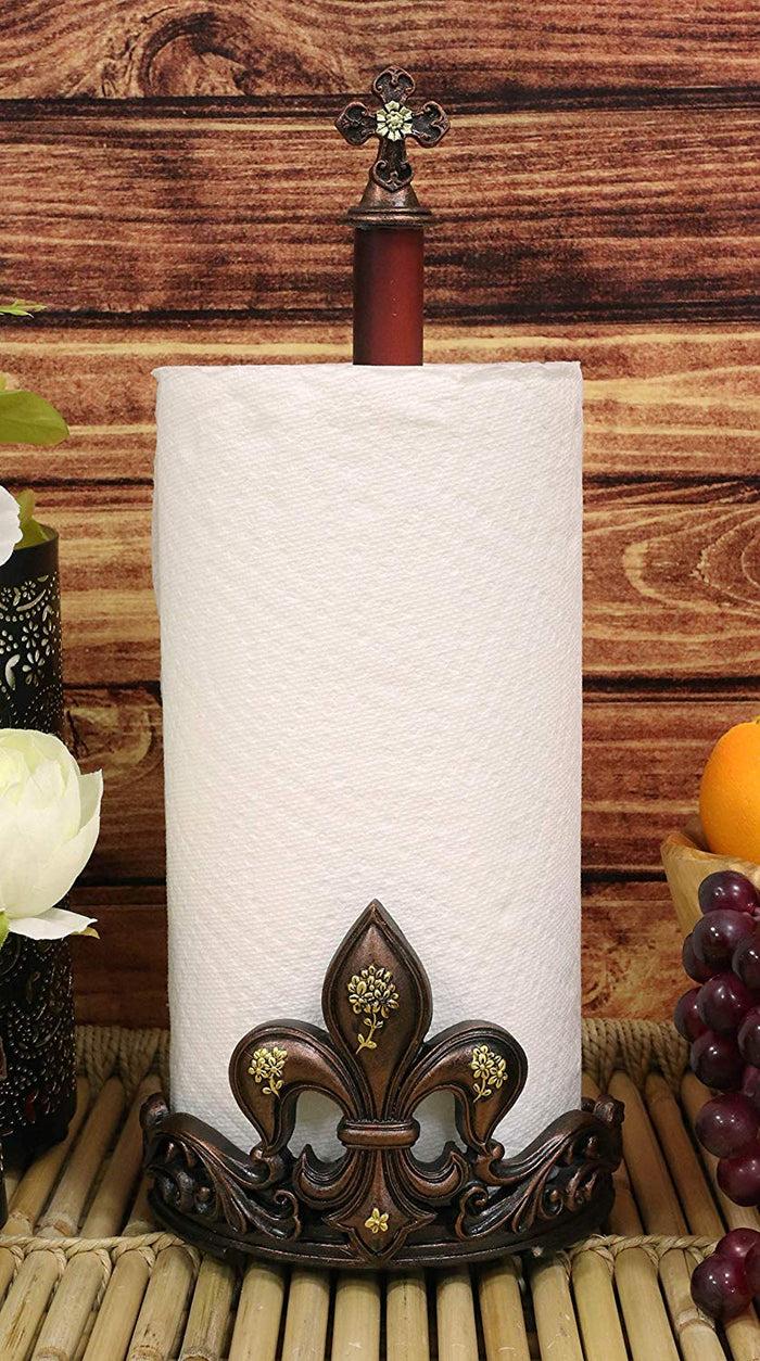 ebros gift Ebros 16" Tall Rustic Vintage Fleur De Lis Cross Top Crown Paper Towel Holder