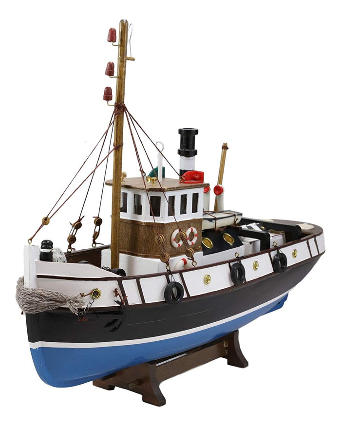 Ebros Gift Ebros 17.25"L Blue Wooden Tugboat Boat Model Statue With Wood Base Stand Figure