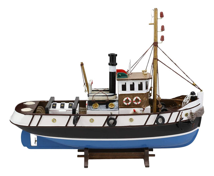 Ebros Gift Ebros 17.25"L Blue Wooden Tugboat Boat Model Statue With Wood Base Stand Figure