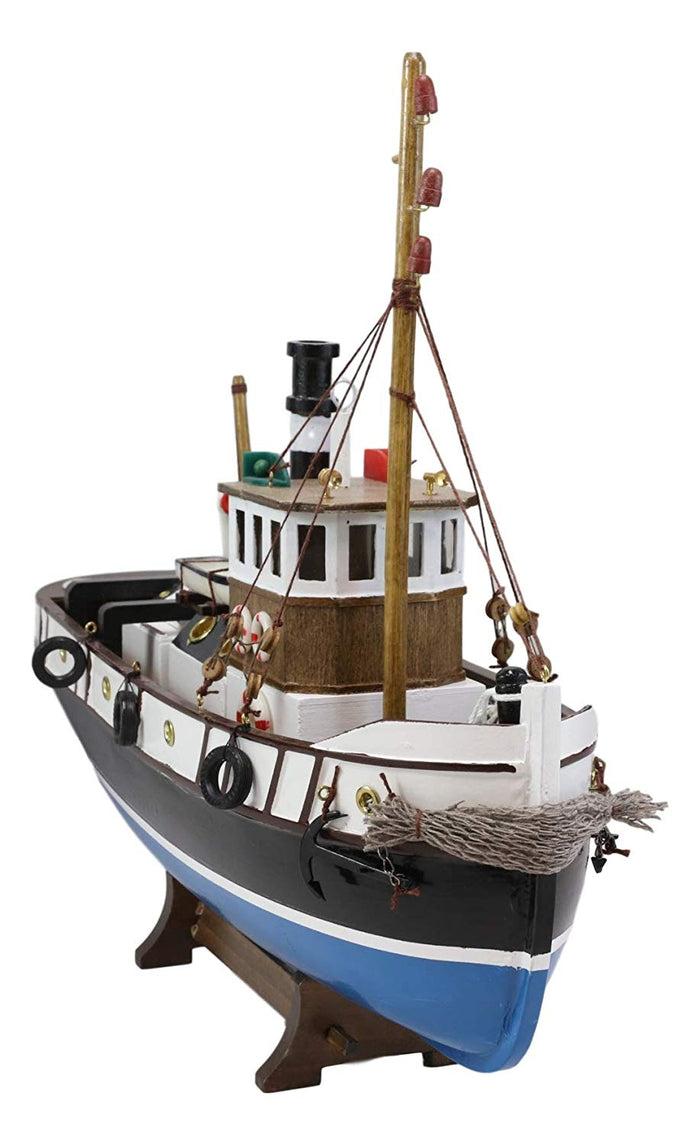 Ebros Gift Ebros 17.25"L Blue Wooden Tugboat Boat Model Statue With Wood Base Stand Figure