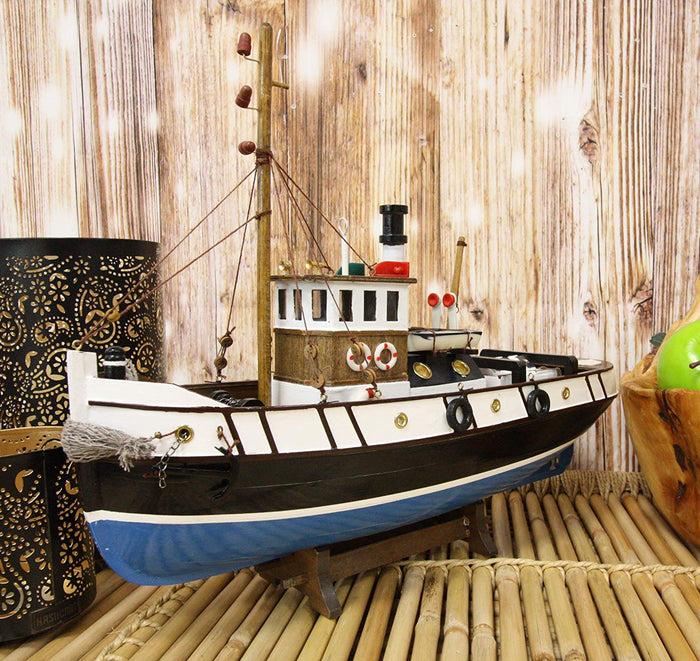ebros gift Ebros 17.25"L Blue Wooden Tugboat Boat Model Statue with Wood Base Stand Figure