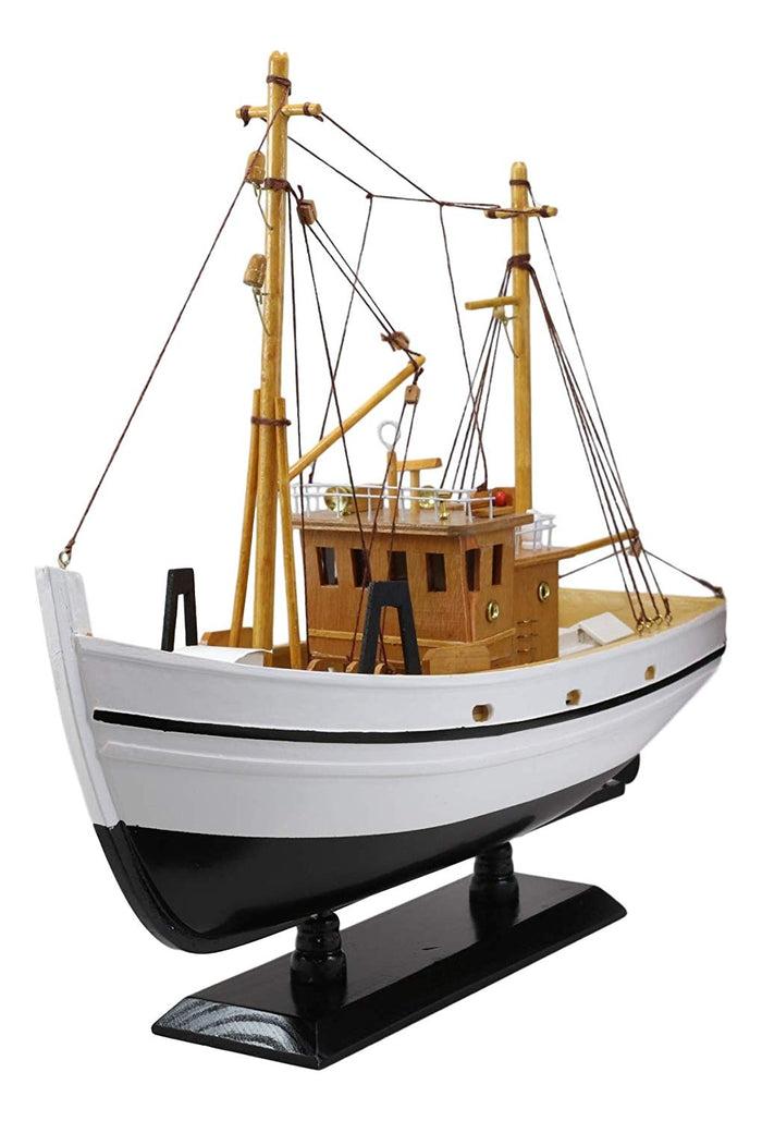 Ebros Gift Ebros 17.25" Long Fisherman's Wharf White Wooden Handicraft Nautical Coastal Ocean Marine Trawler Fishing Vessel Boat Model Statue With Wood Base Stand Fully Assembled Figurine Sea Ship Prototype