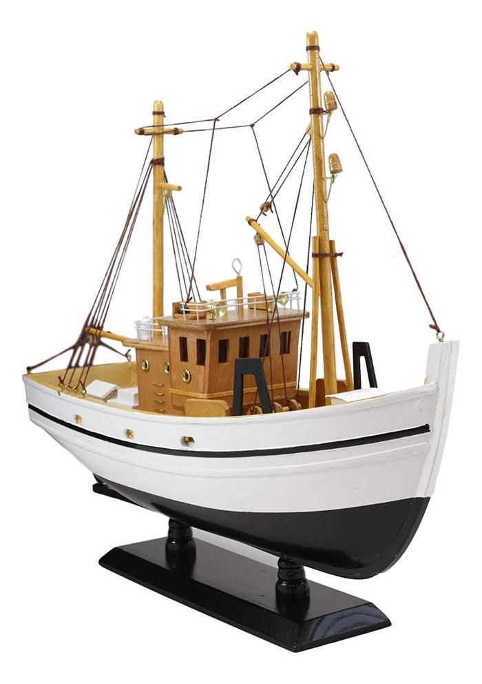 Ebros Gift Ebros 17.25" Long Fisherman's Wharf White Wooden Handicraft Nautical Coastal Ocean Marine Trawler Fishing Vessel Boat Model Statue With Wood Base Stand Fully Assembled Figurine Sea Ship Prototype