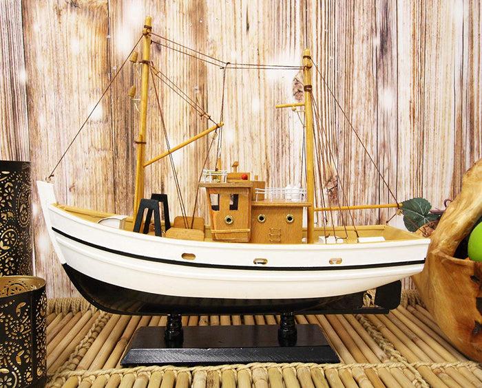 ebros gift Ebros 17.25" Long Fisherman's Wharf White Wooden Handicraft Nautical Coastal Ocean Marine Trawler Fishing Vessel Boat Model Statue with Wood Base Stand Fully Assembled Figurine Sea Ship Prototype