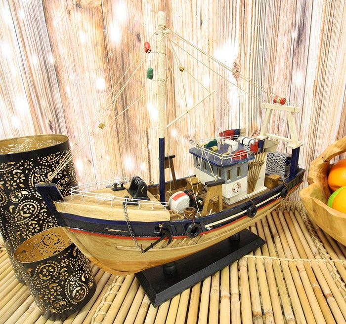 ebros gift Ebros 17"L Wooden Handicraft Nautical Fishing Vessel Boat Model with Wood Base
