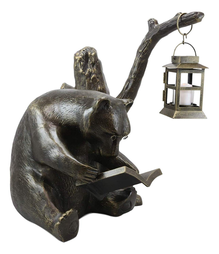 Ebros Gift Ebros 18.25" Tall Large Aluminum Whimsical Bookworm Papa Bear With Glasses Sitting By Forest Tree Outpost Garden Lantern Statue Rustic Wildlife Western Cabin Lodge Bears Decor Figurine