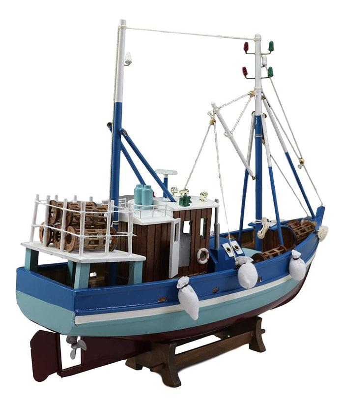 Ebros Gift Ebros 18"L Blue Maine Fishing Shrimping Lobster Boat Model With Wood Base Figure