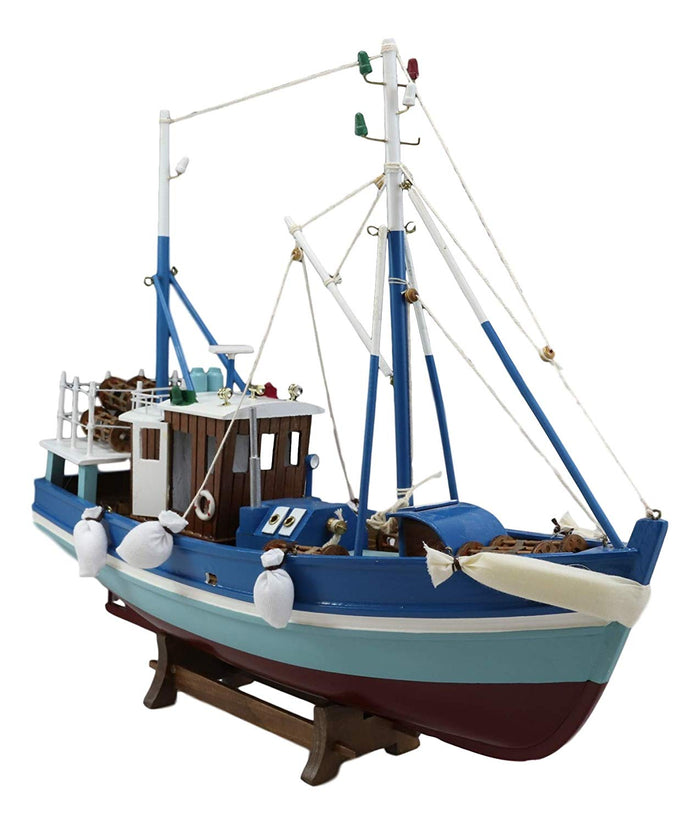 Ebros Gift Ebros 18"L Blue Maine Fishing Shrimping Lobster Boat Model With Wood Base Figure