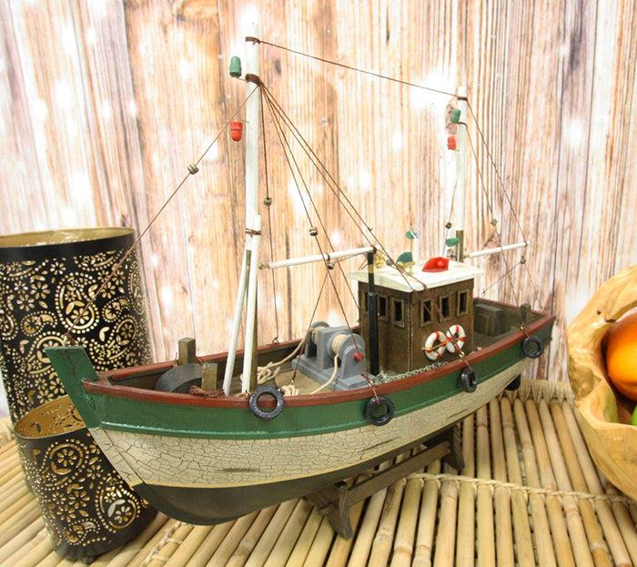 ebros gift Ebros 18"L Wooden Handicraft Nautical Fishing Vessel Boat with Wood Base Figure