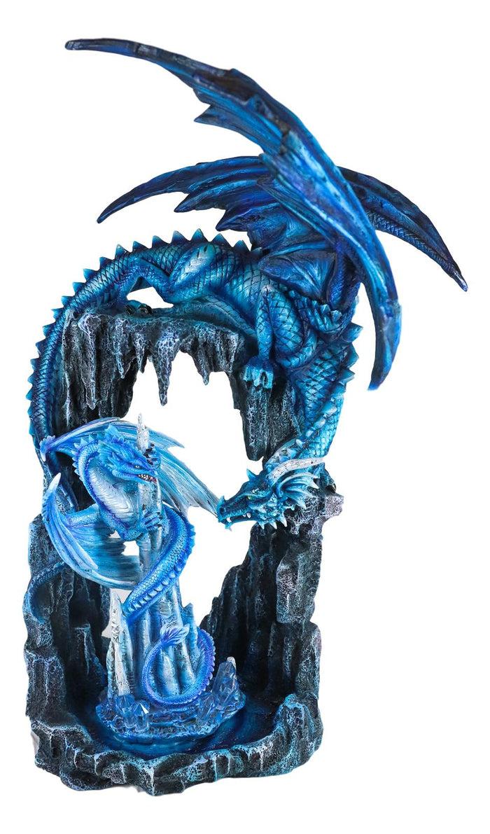 Ebros Gift Ebros 20"H Blue Frozen Dragon On Cavern With Wyrmling By Ice Stalagmite Statue