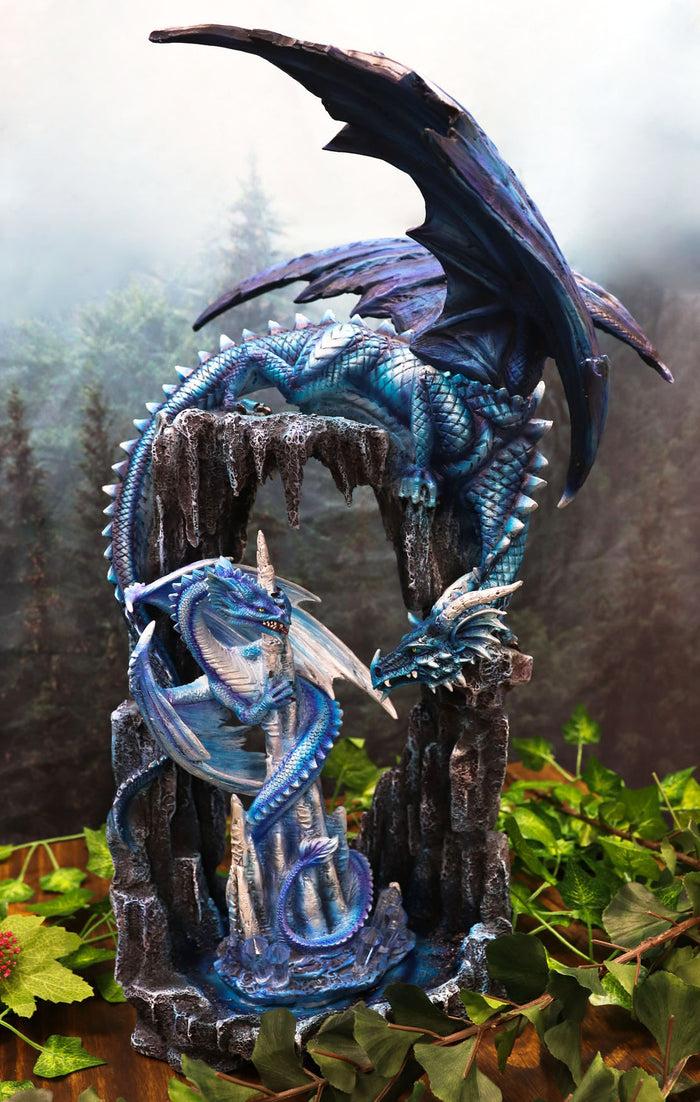 ebros gift Ebros 20"H Blue Frozen Dragon On Cavern With Wyrmling By Ice Stalagmite Statue