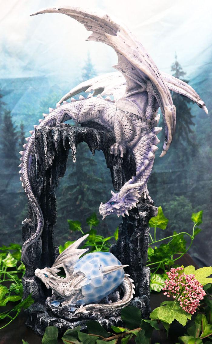ebros gift Ebros 21"H White Frozen Dragon On Cavern With Wyrmling Hatchling In Egg Statue