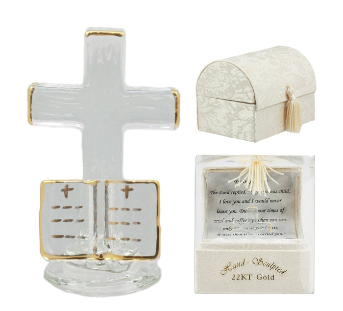 ebros gift Ebros 22K Gold Plated "Footprints" Cross With Holy Bible Inspirational Hand Sculpted Crystal Glass Art Figurine 2.25"H Collectible In Window Fabric Gift Box