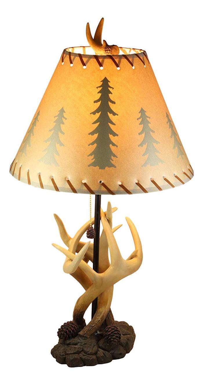 Ebros Gift Ebros 26"H Rustic Vintage Design 3 Entwined Antlers And Pine Cones Table Lamp