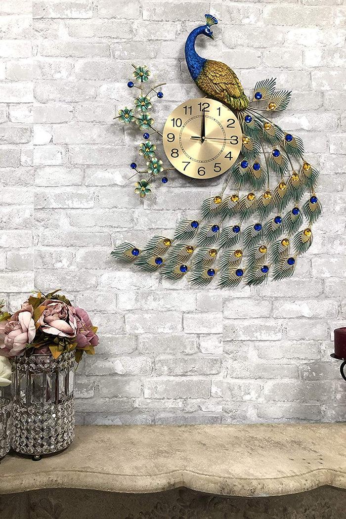 ebros gift Ebros 29" High Large Peacock Iris Colorful Gold Plated Metal Wall Clock Analog