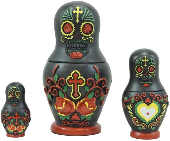 Ebros Gift Ebros 3 Piece Set Black Sugar Skulls Nesting Dolls Matroyshka Babushka Figurines
