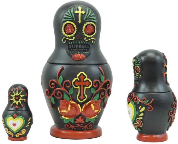 Ebros Gift Ebros 3 Piece Set Black Sugar Skulls Nesting Dolls Matroyshka Babushka Figurines