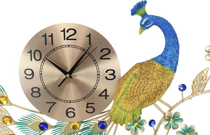Ebros Gift Ebros 30" Wide Large Iridescent Peacock Gold Plated Metal Wall Clock Analog Face