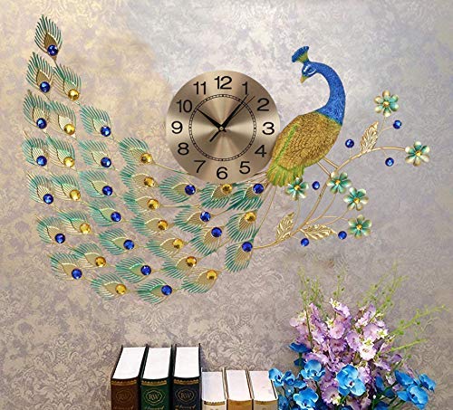 ebros gift Ebros 30" Wide Large Iridescent Peacock Gold Plated Metal Wall Clock Analog Face