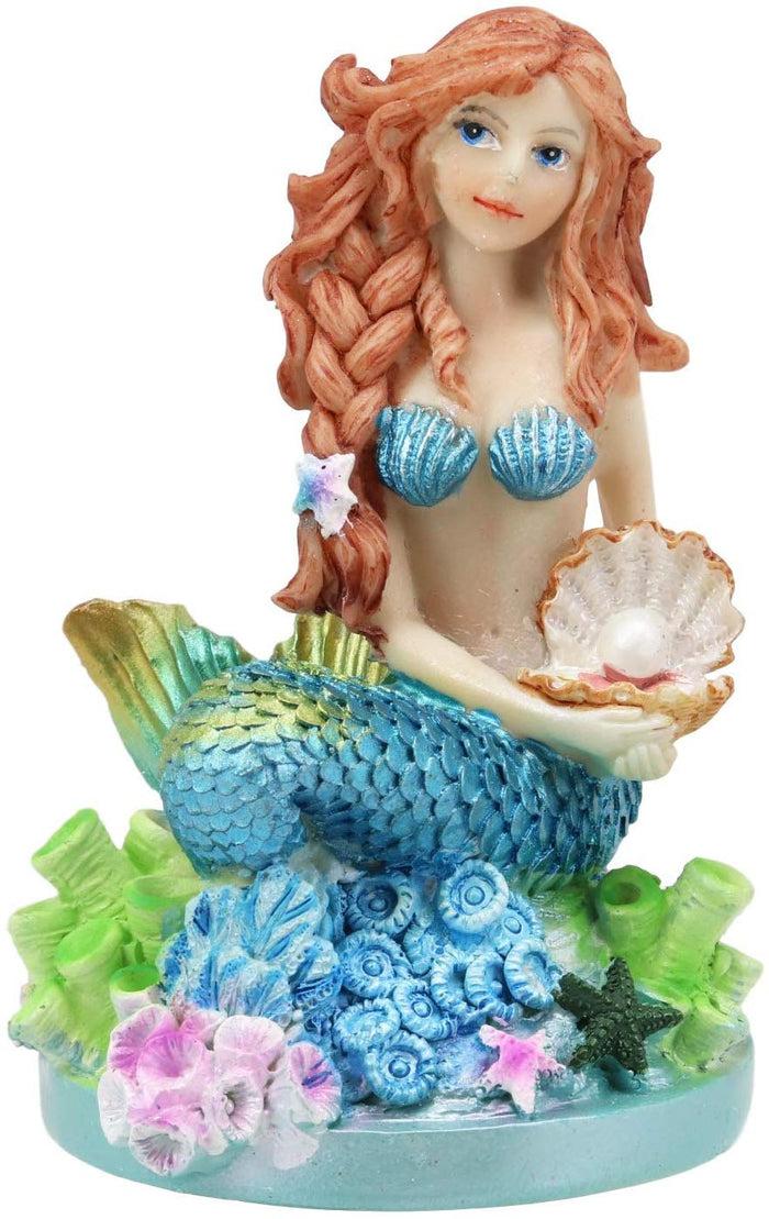 Ebros Gift Ebros 4.5" Tall Colorful Nautical Ocean Mermaid Mergirl With Pearl Shell And Blue Tail Sitting On Corals Statue