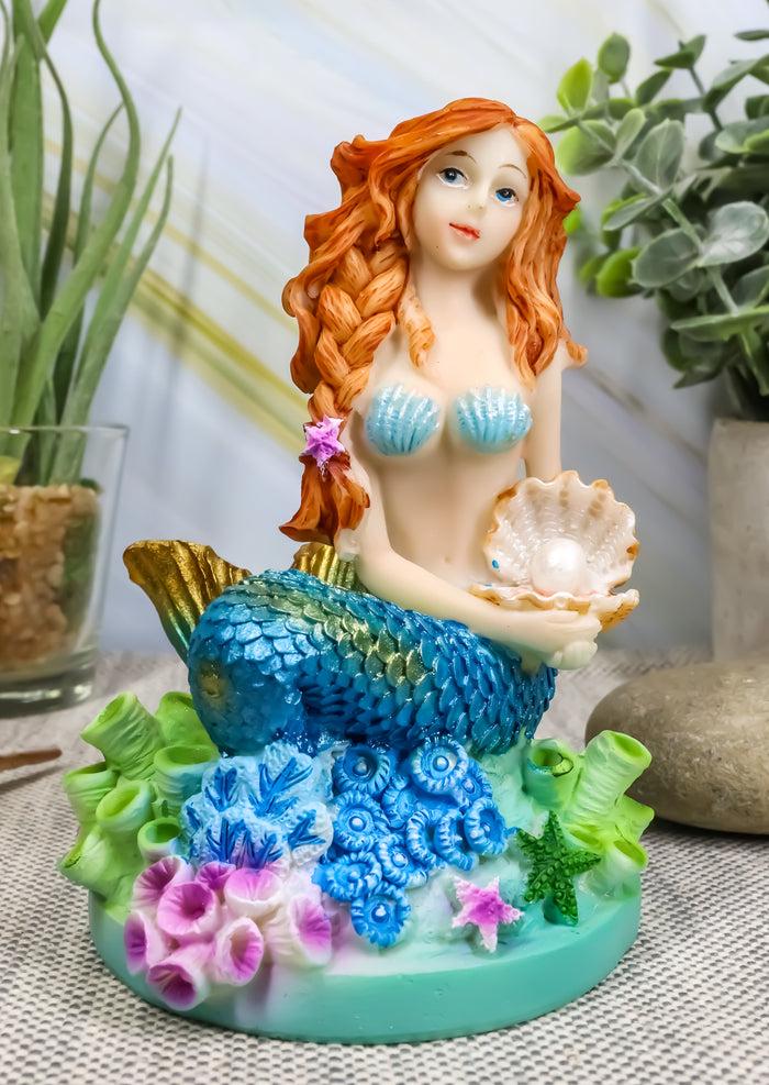 ebros gift Ebros 4.5" Tall Colorful Nautical Ocean Mermaid Mergirl with Pearl Shell and Blue Tail Sitting On Corals Statue