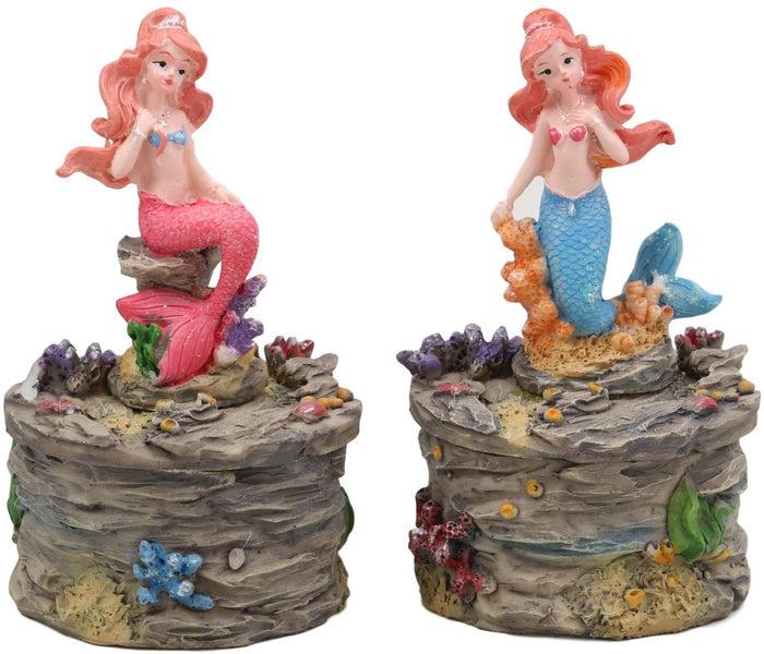Ebros Gift Ebros 4" Tall Blue And Pink Tailed Mermaid Mergirl Sisters Sitting On Coral Rocks Decorative Box Figurine Set Of 2
