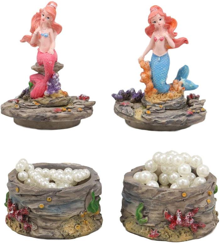 Ebros Gift Ebros 4" Tall Blue And Pink Tailed Mermaid Mergirl Sisters Sitting On Coral Rocks Decorative Box Figurine Set Of 2