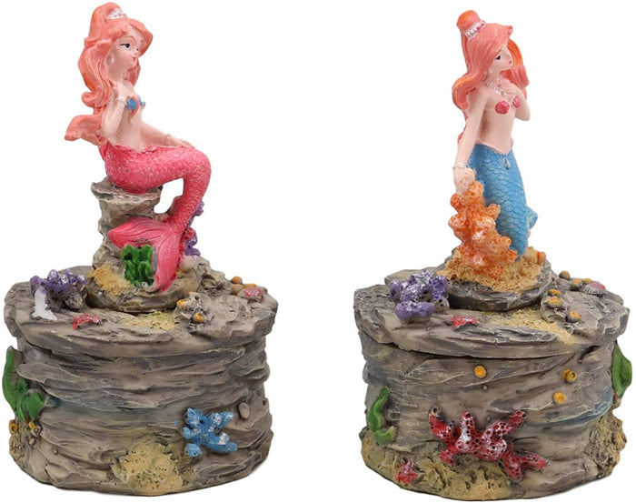 Ebros Gift Ebros 4" Tall Blue And Pink Tailed Mermaid Mergirl Sisters Sitting On Coral Rocks Decorative Box Figurine Set Of 2