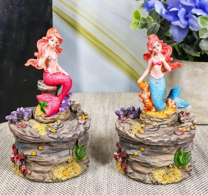 ebros gift Ebros 4" Tall Blue and Pink Tailed Mermaid Mergirl Sisters Sitting On Coral Rocks Decorative Box Figurine Set of 2