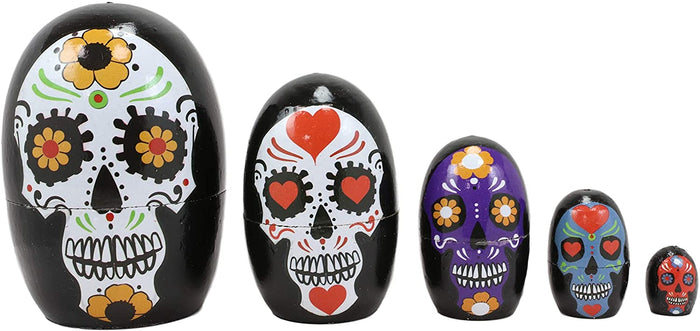 Ebros Gift Ebros 5 Piece Set Colorful Sugar Skulls Nesting Dolls Matroyshka Wooden Figurine