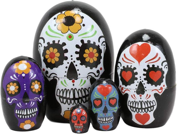 ebros gift Ebros 5 Piece Set Colorful Sugar Skulls Nesting Dolls Matroyshka Wooden Figurine