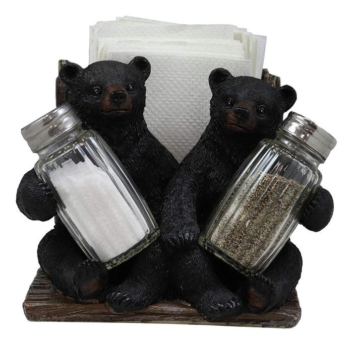 Ebros Gift Ebros 6.25" W 2 Black Bear Cubs Sitting Napkin Holder & Salt Pepper Shakers
