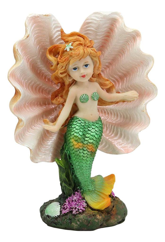 Ebros Gift Ebros 6.75"H Colorful Nautical Mermaid Mergirl With Giant Shell And Green Tail Statue