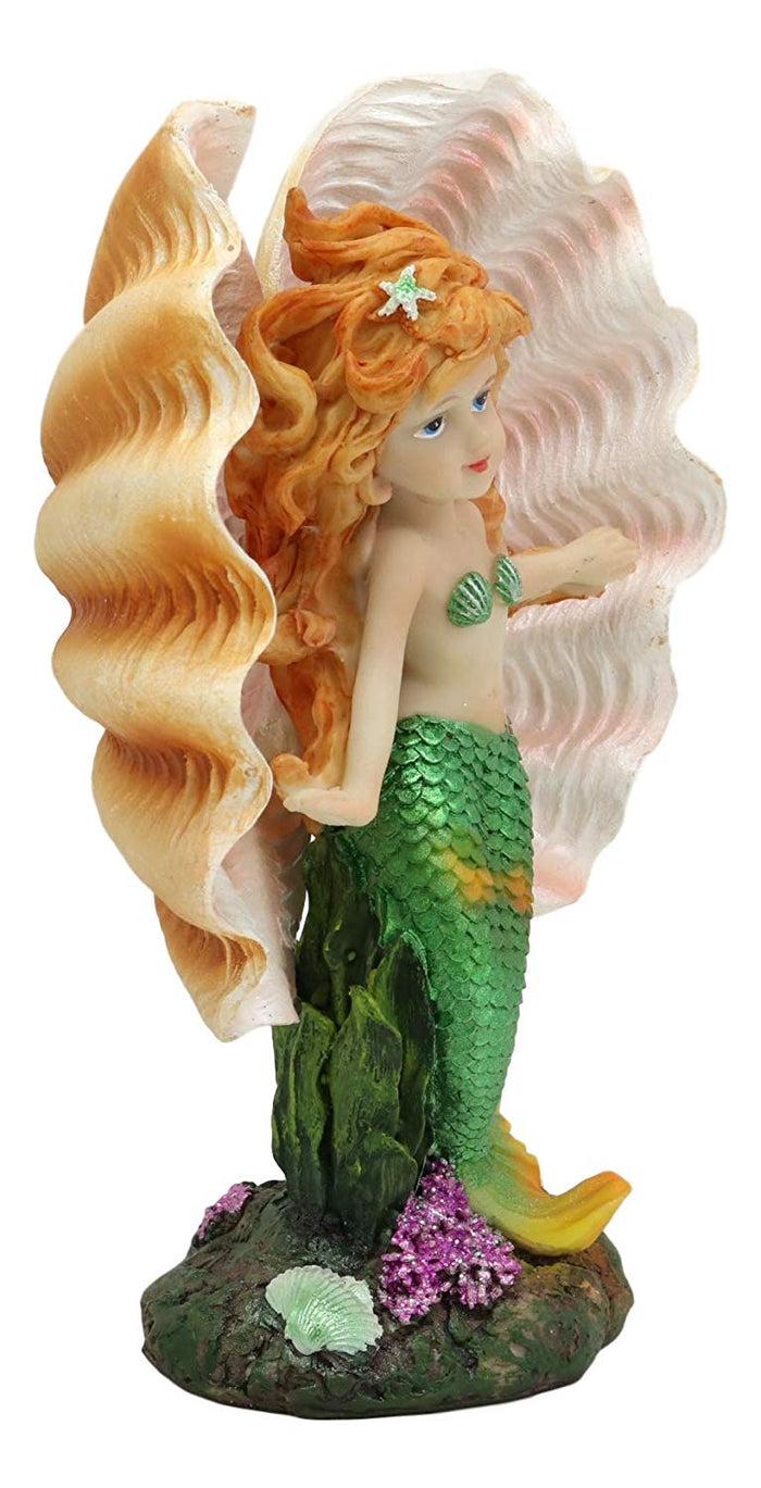 Ebros Gift Ebros 6.75"H Colorful Nautical Mermaid Mergirl With Giant Shell And Green Tail Statue