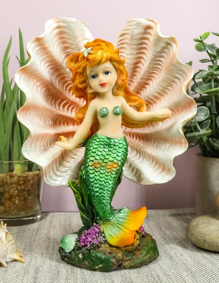 ebros gift Ebros 6.75"H Colorful Nautical Mermaid Mergirl With Giant Shell And Green Tail Statue