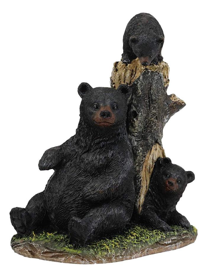 Ebros Gift Ebros 7.5"H Rustic Forest Mother Black Bear With 2 Playful Cubs By Tree Stump Statue