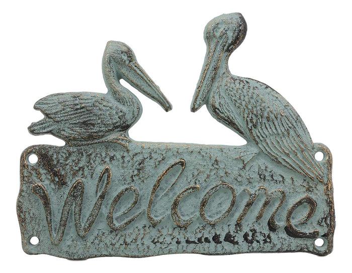 ebros gift Ebros 7.5"W Cast Iron Vintage Rustic Verdigris Pelican Birds Welcome Sign Wall Decor