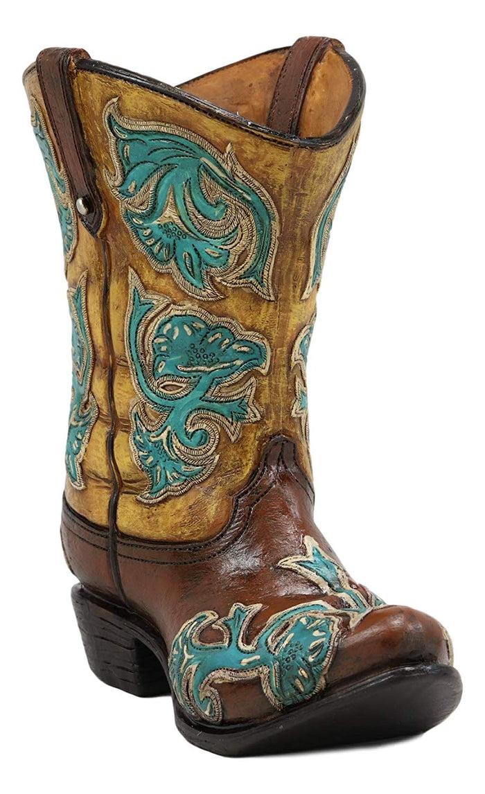 Ebros Gift Ebros 7"H Rustic Western Cowboy Teal Brown Boot Figurine Stationery Holder Flower Vase