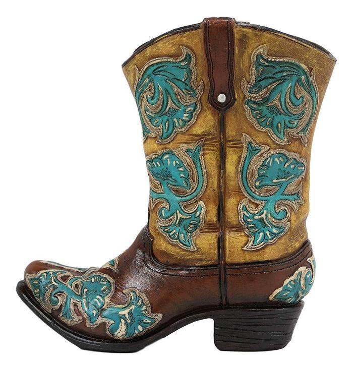 Ebros Gift Ebros 7"H Rustic Western Cowboy Teal Brown Boot Figurine Stationery Holder Flower Vase