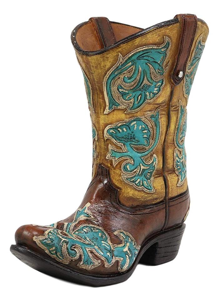 Ebros Gift Ebros 7"H Rustic Western Cowboy Teal Brown Boot Figurine Stationery Holder Flower Vase