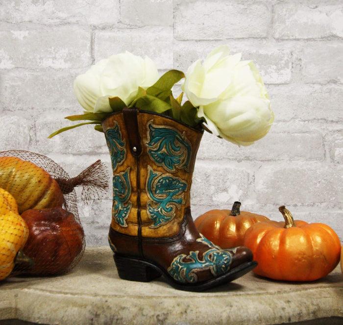 ebros gift Ebros 7"H Rustic Western Cowboy Teal Brown Boot Figurine Stationery Holder Flower Vase