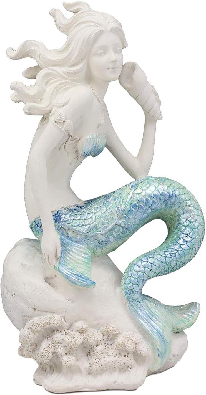 Ebros Gift Ebros 8"H Nautical Blue Tailed Mermaid Seated On Rock Listening To Conch Statue