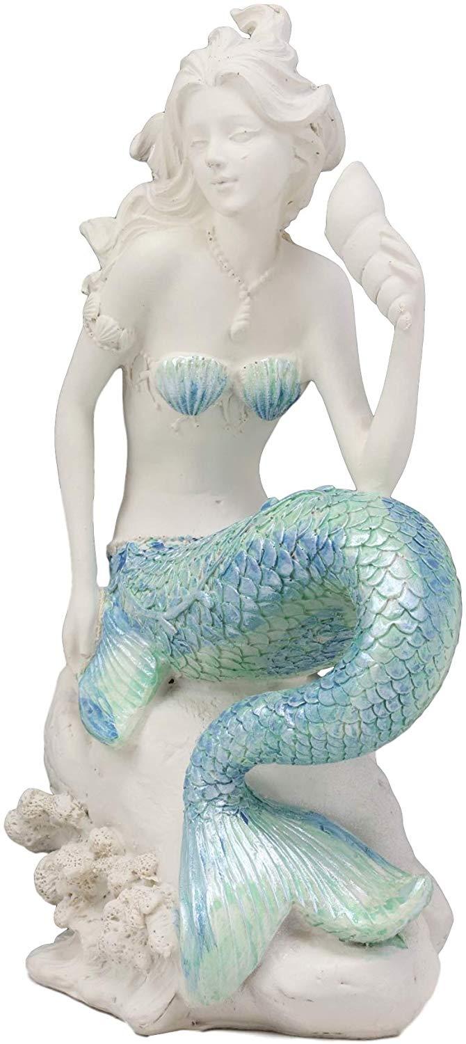 Ebros Gift Ebros 8"H Nautical Blue Tailed Mermaid Seated On Rock Listening To Conch Statue
